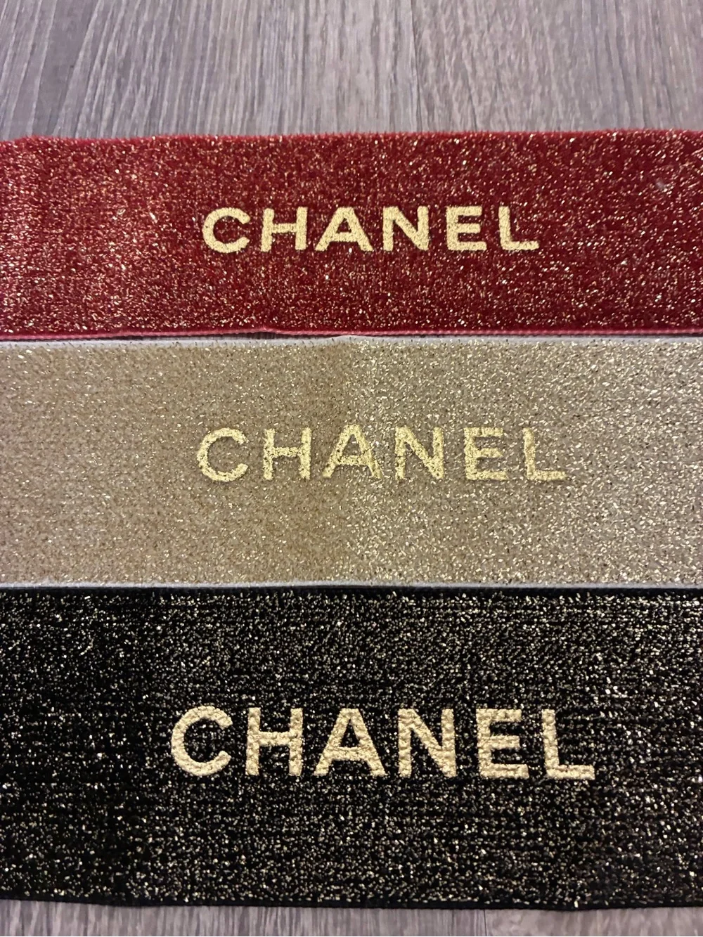 CHANEL Shimmering Glitter Red Gold Black Ribbon Gift Wrapping set of 3